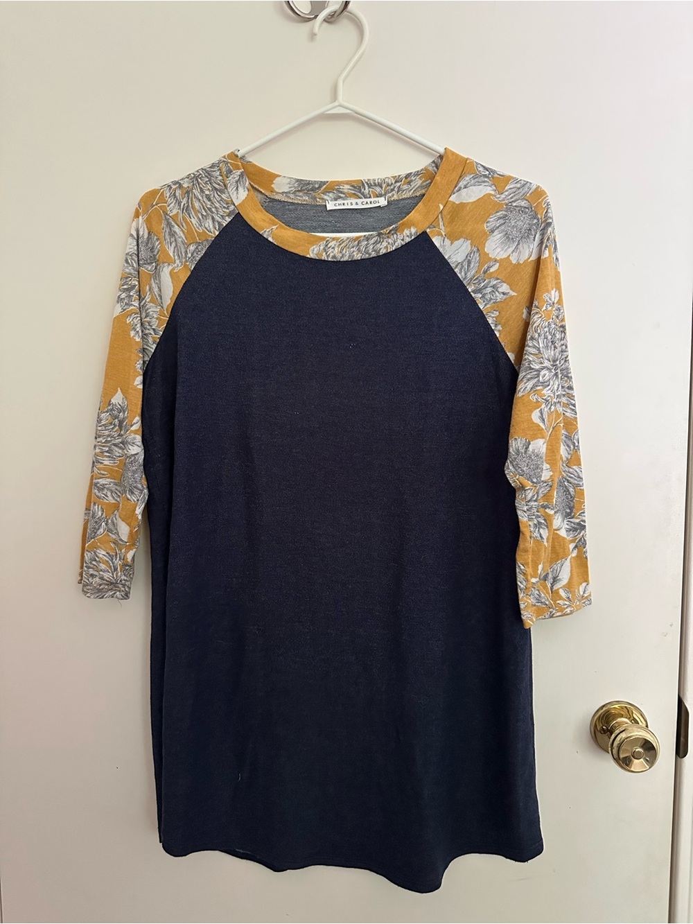 Chris and Carol Navy Tunic with Mustard Floral Raglan Sleeves